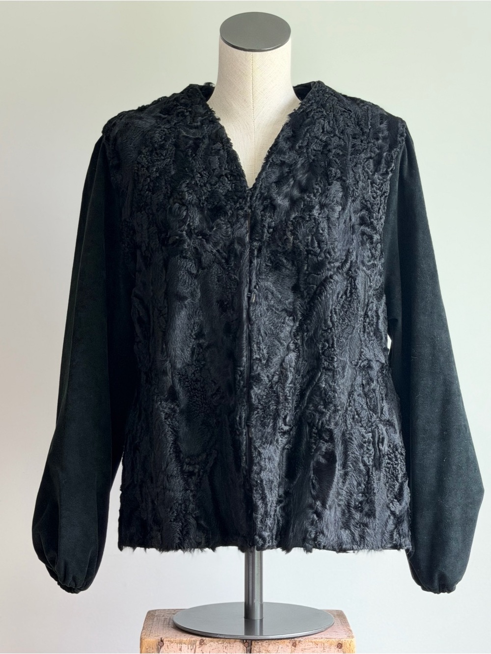 Vintage Black Real Fur & Suede Puff Sleeve Jacket